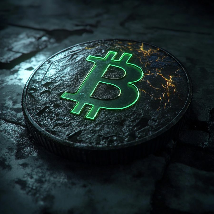 Bitcoin RXC coin resting on fractured stone, its emblem lit from within